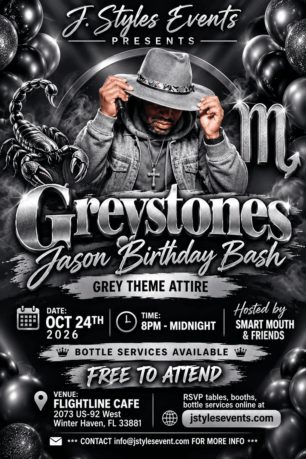 Greystones — Jason Birthday Bash flyer, October 24, 2026 at Flightline Cafe